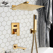 Modern textured gold rain shower set with square rain shower head and matching wall mounted decorbites gold rain fixtures