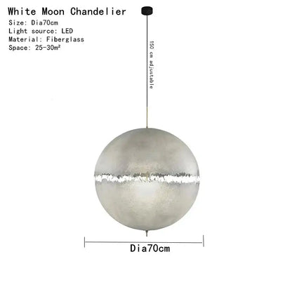 Modern textured moon pendant chandelier featuring a sleek spherical white frosted fiberglass decorbites designer moon