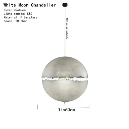 Modern textured moon pendant chandelier with a sleek white frosted fiberglass finish and silver band decorbites designer moon