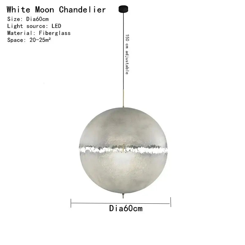 Modern textured moon pendant chandelier with a sleek white frosted fiberglass finish and silver band decorbites designer moon