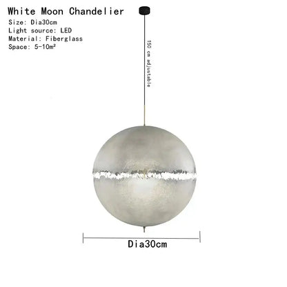 A sleek spherical white designer moon pendant chandelier with frosted fiberglass finish and LED light source