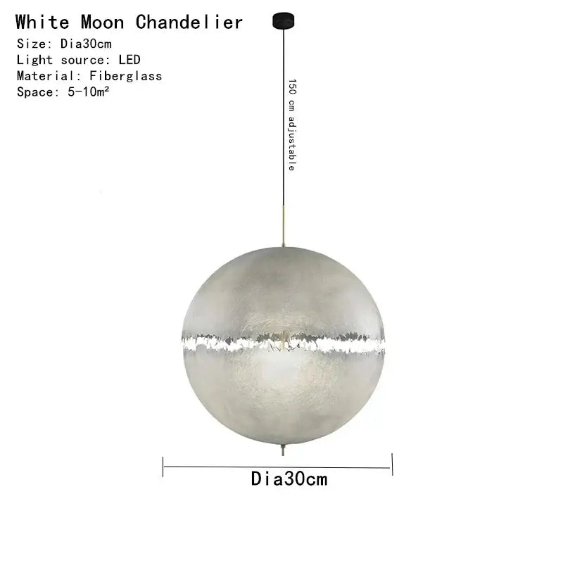A sleek spherical white designer moon pendant chandelier with frosted fiberglass finish and LED light source