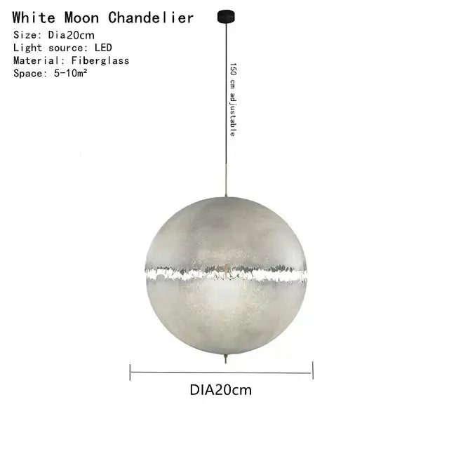 Modern textured white fibreglass moon pendant chandelier with silver crackled band and adjustable led light decorbites designer moon
