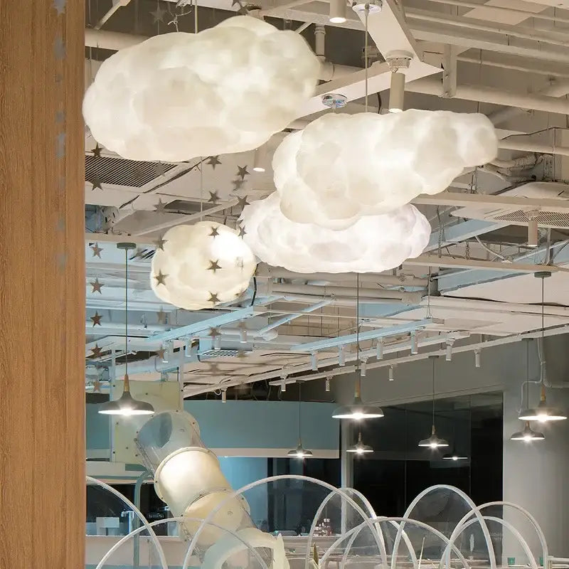 Soft illuminated cloud chandelier with textured white fabric finish hanging pendant light by decorbites for bedroom decor
