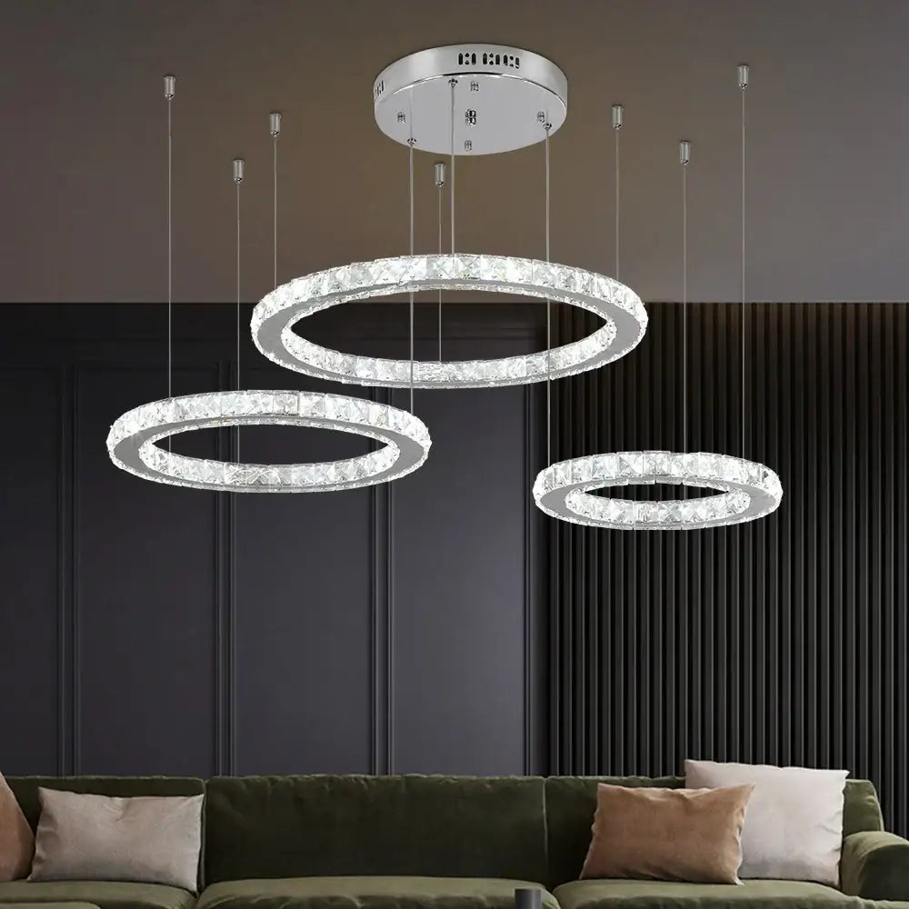 Modern three tier chrome decorbites crystal led chandelier with clear faceted crystals in silver metal frame for living room