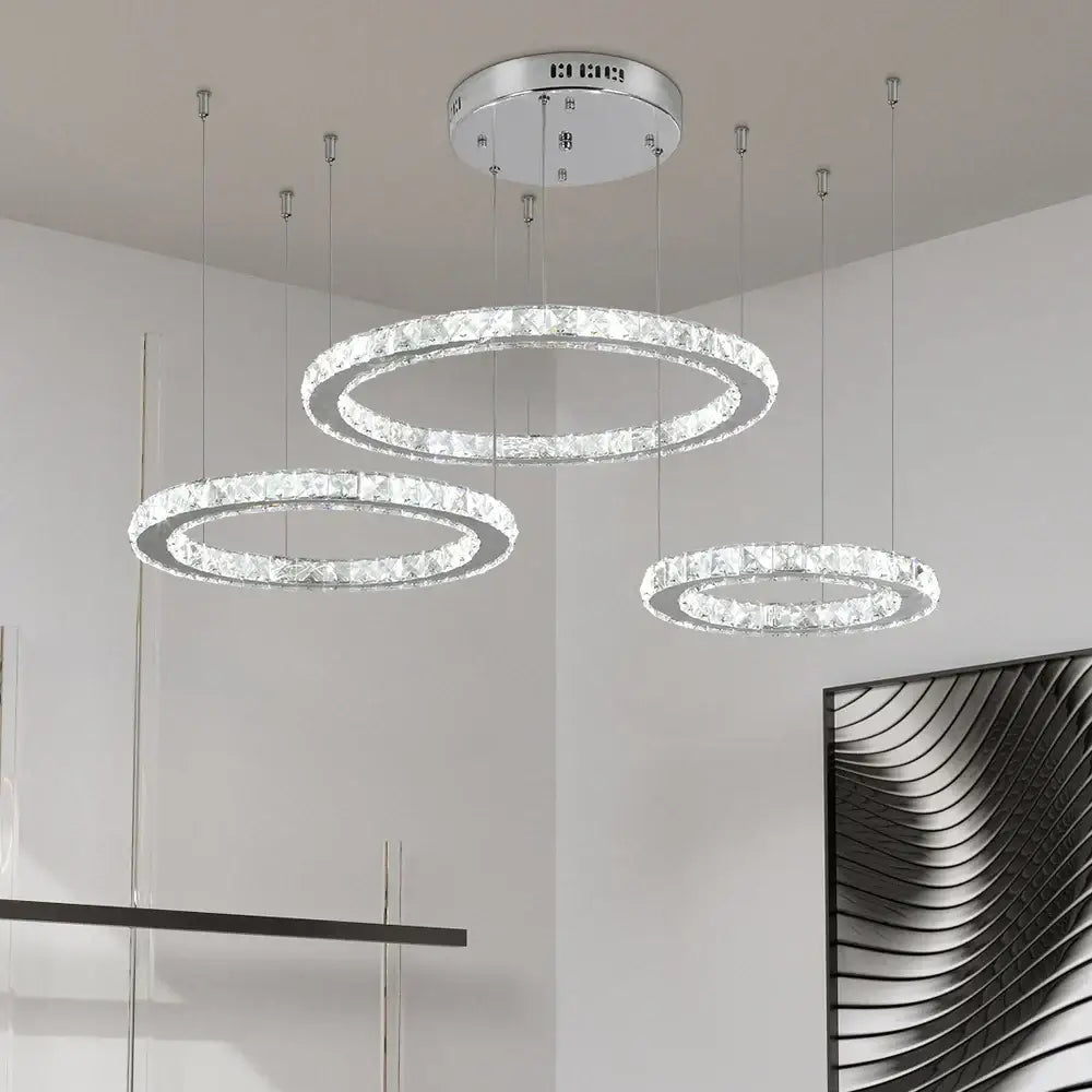 Modern three tier chrome decorbites crystal led chandelier with circular clear crystal accents for living room lighting