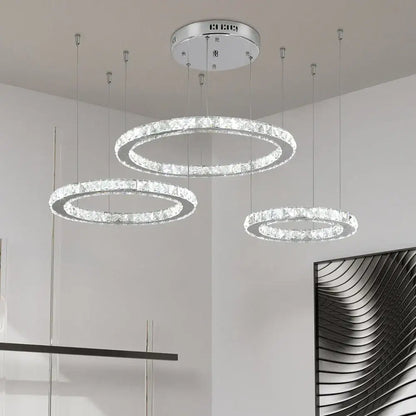 Modern three tier chrome decorbites crystal led chandelier with circular clear crystal accents for living room lighting
