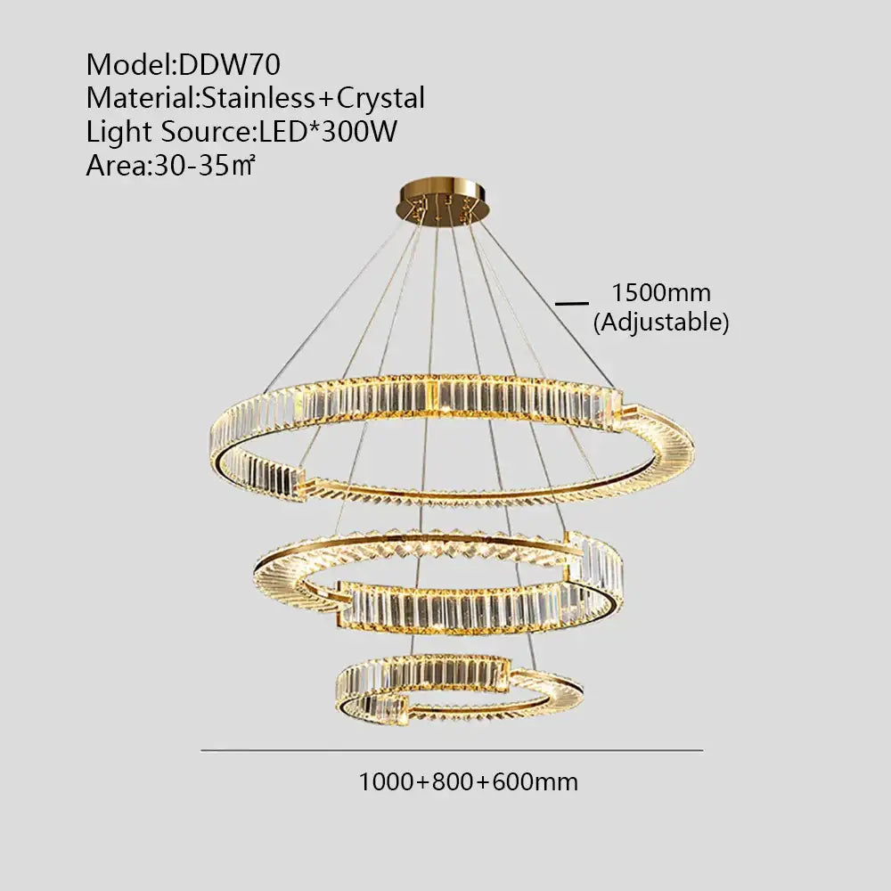 Modern three tier crystal gold ring led chandelier with gold-toned stainless steel rings for dining room decorbites crystal gold