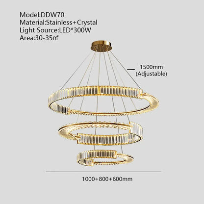 Modern three tier crystal gold ring led chandelier with gold-toned stainless steel rings for dining room decorbites crystal gold