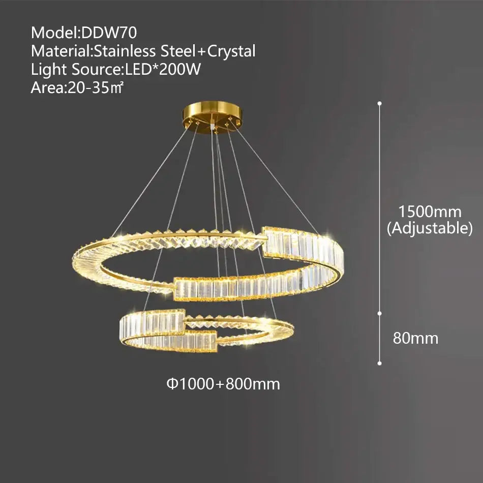 Modern three tier crystal gold ring led chandelier with gold-toned double rings crystal accents and stainless steel frame
