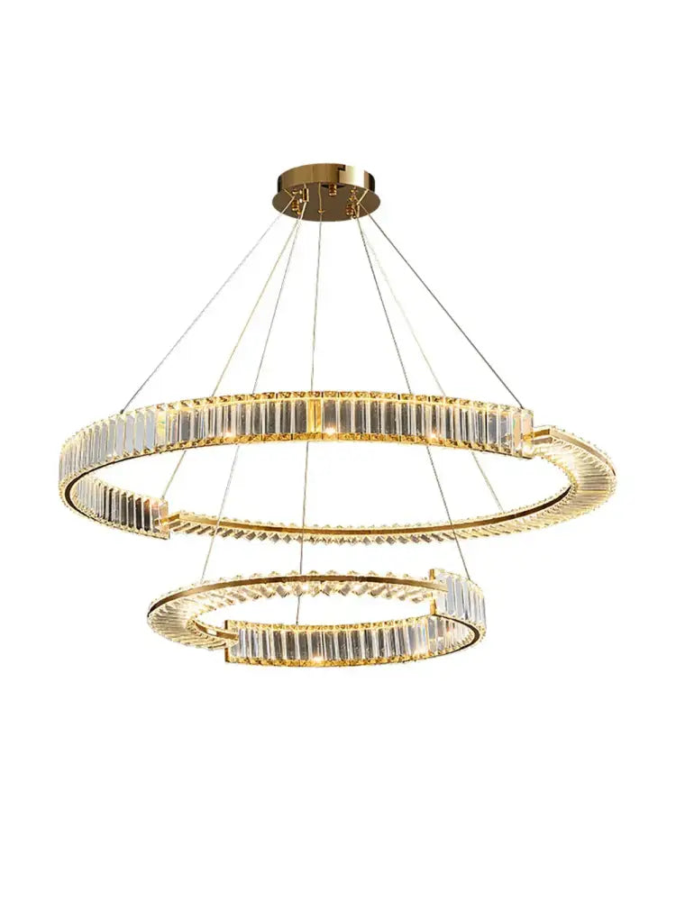 Modern three tier crystal gold ring led chandelier with gold-toned double-ring and clear faceted crystal accents for dining room decorbites crystal gold