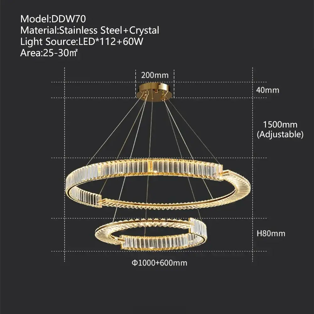 Modern three tier crystal gold ring led chandelier with gold-toned double rings crystal accents and stainless steel frame