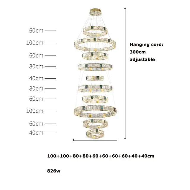 Modern three tier crystal golden led ring chandelier with clear and green crystals in decorbites golden led frame