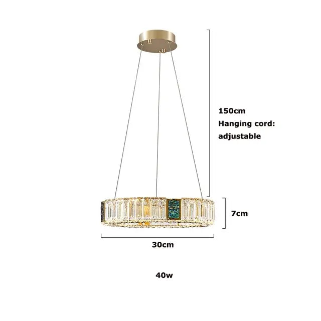 Modern three tier crystal golden led ring chandelier with clear and green crystals and a gold-toned ceiling mount decorbites golden led