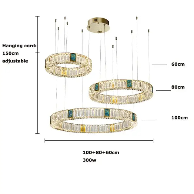 Modern three tier crystal golden led ring chandelier with teal and gold accents for dining room decorbites golden led