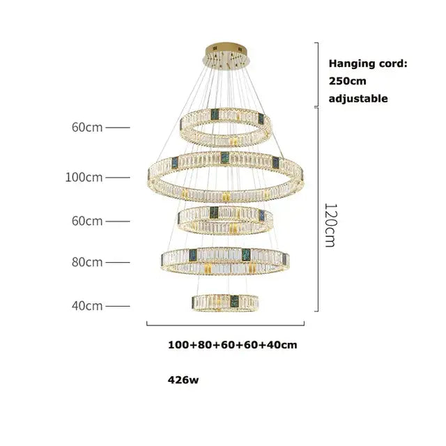 Modern three tier crystal golden led ring chandelier with gold-toned metal accents and adjustable hanging cord decorbites golden led