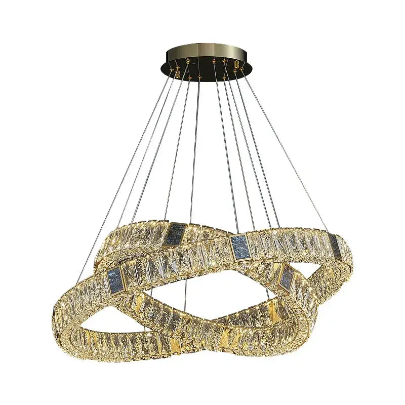 Modern three tier crystal golden led ring chandelier with interlocking rings and blue accent panels for dining room decorbites golden led