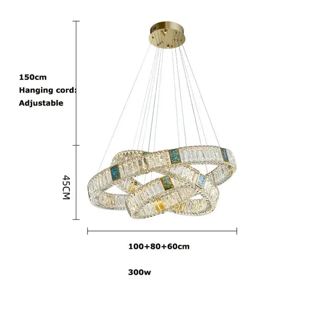 Modern three tier crystal golden led ring chandelier with three interlocking crystal rings adorned with blue and clear crystals decorbites golden led
