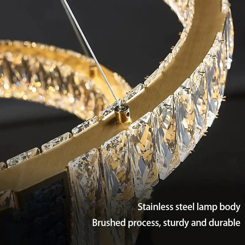Modern three tier crystal golden led ring chandelier with gold-toned circular frame and faceted crystal droplets for dining room decorbites golden led