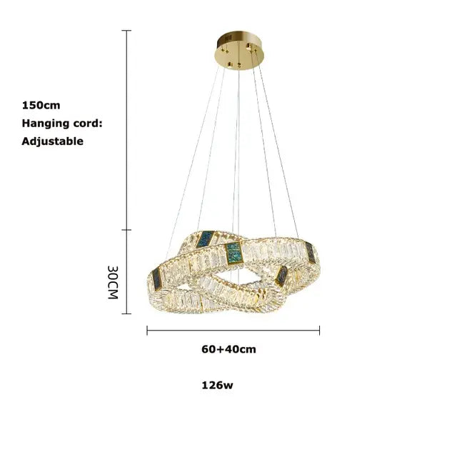 Modern three tier crystal golden led ring chandelier with interlocking rings and green accents for dining room decorbites golden led