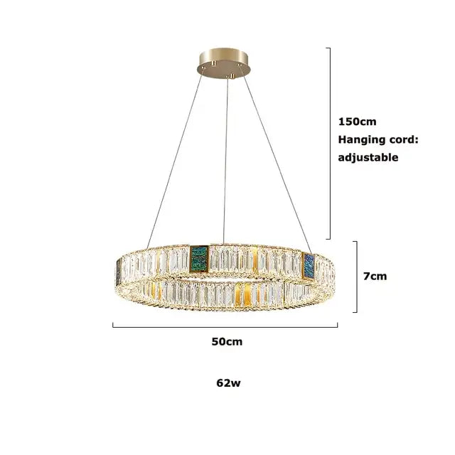 Modern three tier crystal golden led ring chandelier with gold-toned circular frame and green-blue faceted crystals for dining room decorbites golden led