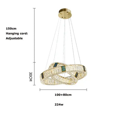 Modern three tier crystal golden led ring chandelier with interlocking rings and green accents for dining room decorbites golden led