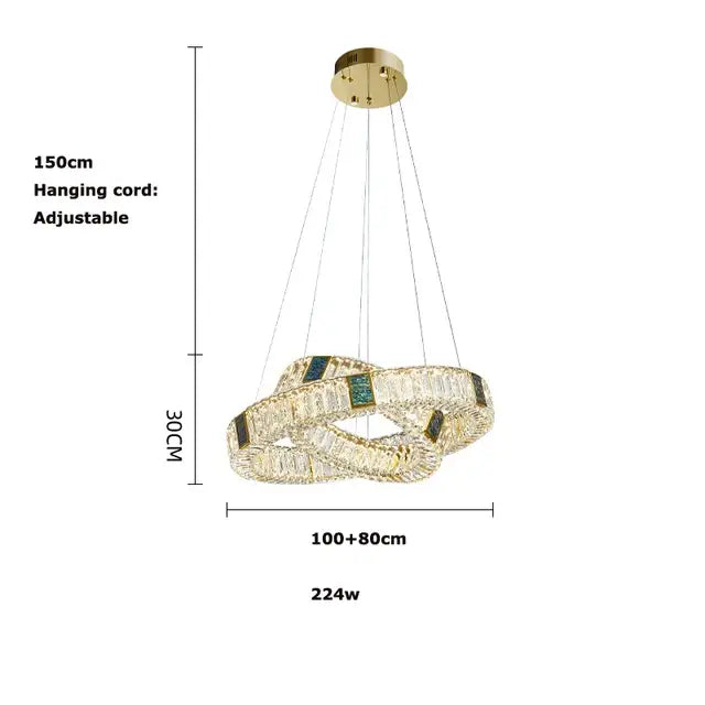 Modern three tier crystal golden led ring chandelier with interlocking rings and green accents for dining room decorbites golden led