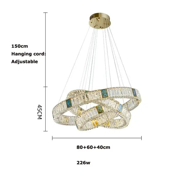 Modern three tier crystal golden led ring chandelier with three interlocking rings and blue green inlays decorbites golden led
