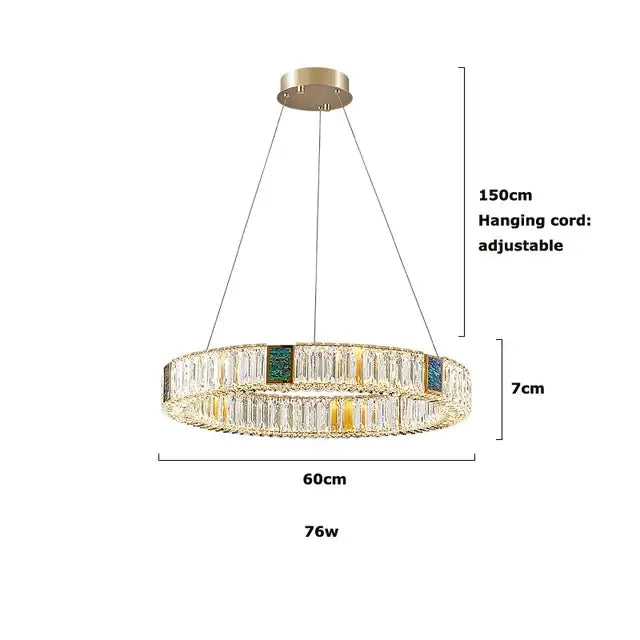 Modern three tier decorbites golden led ring chandelier with gold tone and clear green rectangular crystal accents for dining room