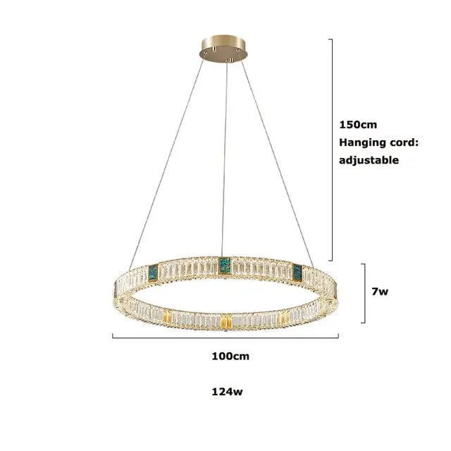 Modern three tier crystal golden led ring chandelier featuring clear and teal rectangular crystals for dining room decorbites golden led