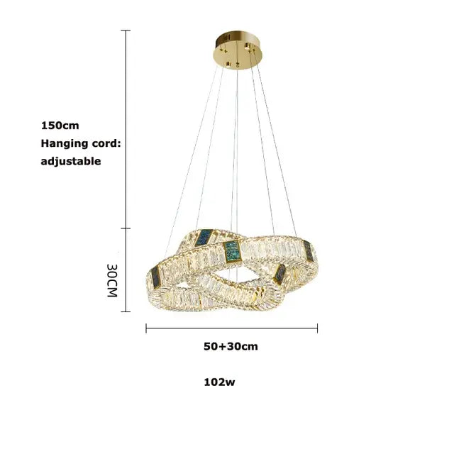 Modern three tier crystal golden led ring chandelier with gold-toned rings and green accents for dining room decorbites golden led