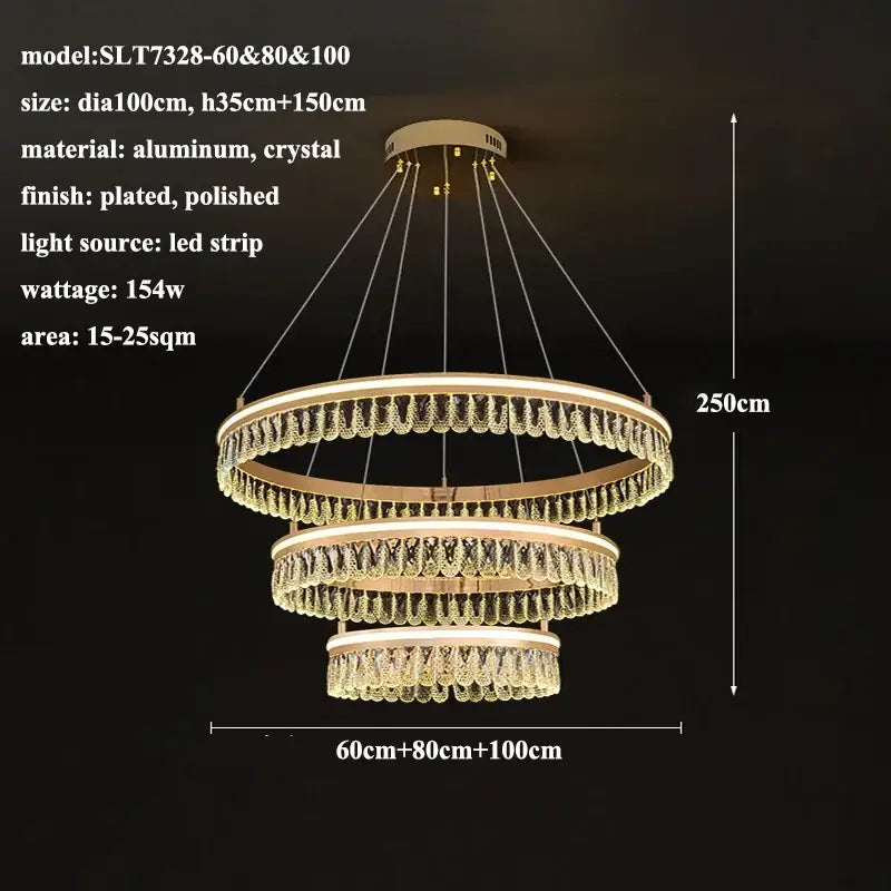 Modern three tier gold crystal led chandelier with polished aluminum and cascading crystal droplets for dining room decorbites modern crystal