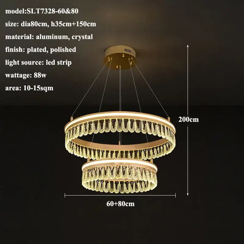 Gold-plated modern crystal led chandelier with double tier and crystal fringe for elegant dining room decorbites modern crystal
