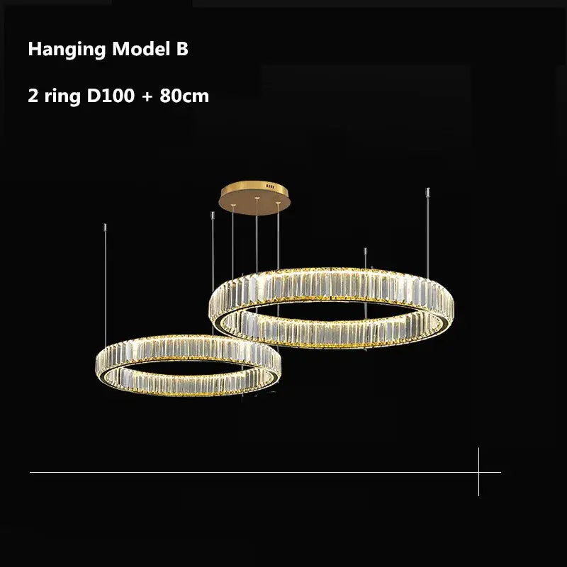 Modern three tier gold crystal led chandelier featuring interlocking rings with clear rods by decorbites crystal led