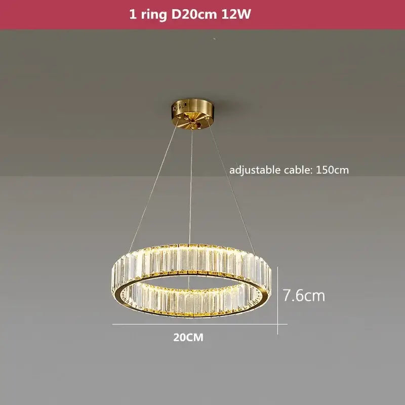Modern three tier gold crystal led chandelier foyer pendant light with gold-toned circular design and decorbites crystal led rings