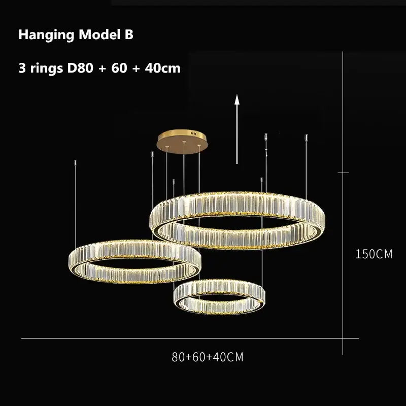 Modern three tier gold crystal led chandelier foyer pendant light with three interlocking rings by decorbites crystal led