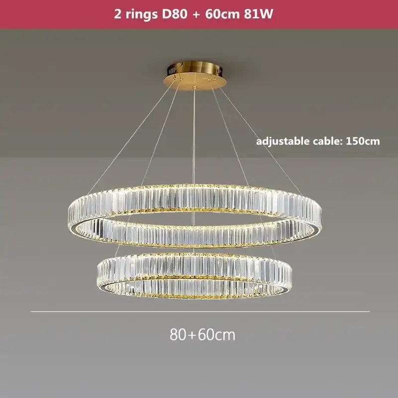 Modern three tier gold crystal led chandelier featuring clear crystal rods and gold-toned metal decorbites crystal led fixture