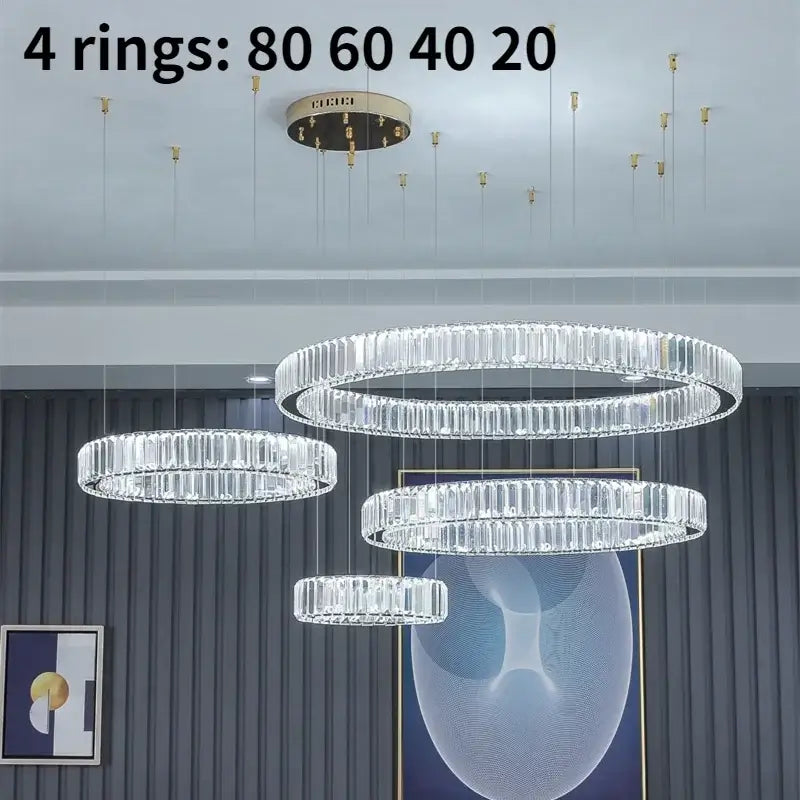 Modern three tier gold crystal led chandelier foyer pendant light with four concentric rings and decorbites crystal led segments