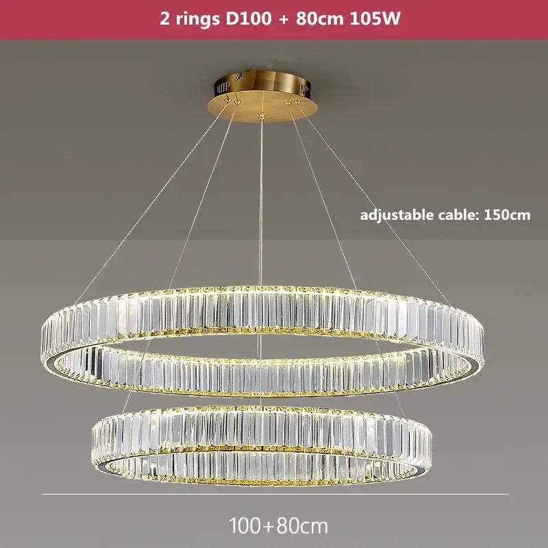 Modern three tier gold crystal led chandelier featuring double-ring design with clear crystal facets by decorbites crystal led