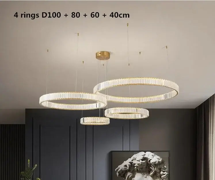 Modern three tier gold crystal led chandelier foyer pendant light featuring four concentric crystal rings by decorbites crystal led