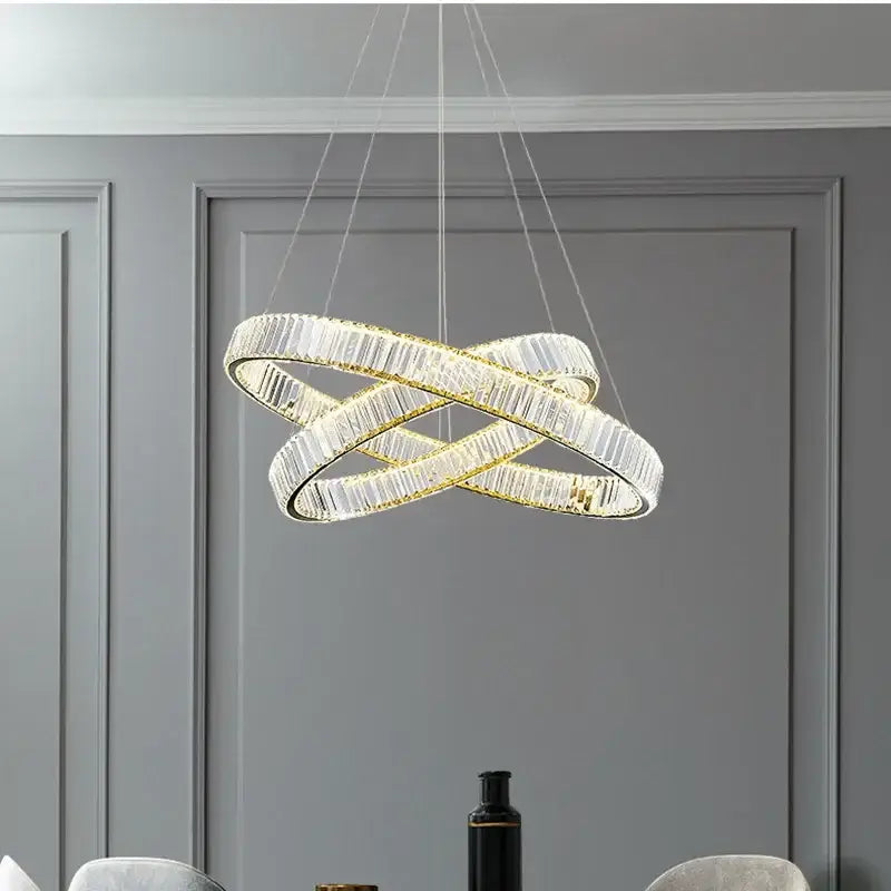 Modern three tier gold crystal led chandelier foyer pendant light with two interlocking crystal rings by decorbites crystal led