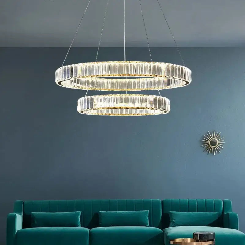 Modern three tier gold crystal led chandelier with clear faceted decorbites crystal segments for elegant foyer decor