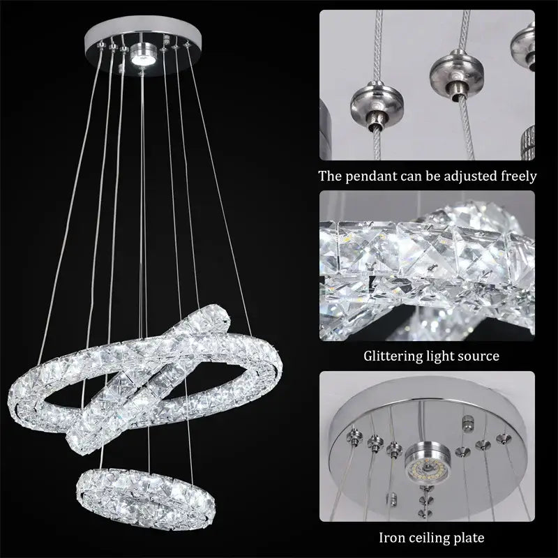 Modern three tier spiral chrome decorbites crystal led chandelier with three interlocking rings for dining room lighting
