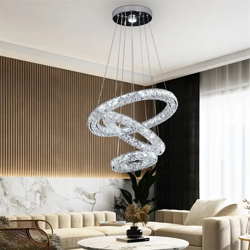 Modern three tier spiral crystal led chandelier with a chrome finish by decorbites for dining room decorbites crystal led