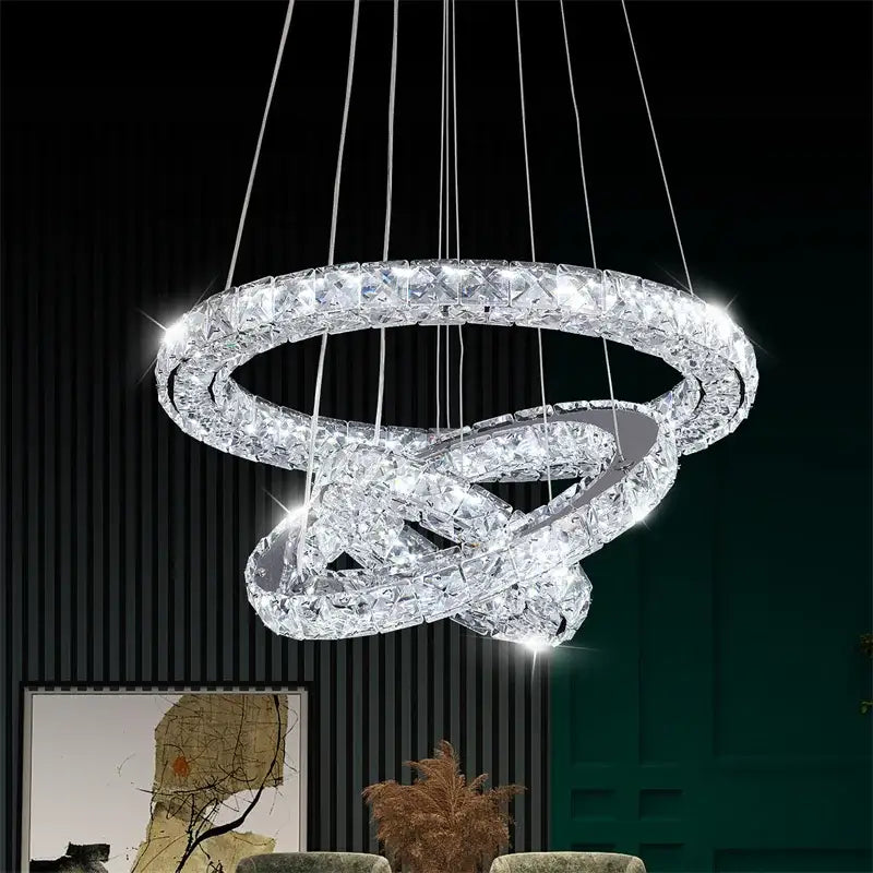 Modern three tier spiral decorbites crystal led chandelier with double-ring crystal design and embedded led lights for dining room