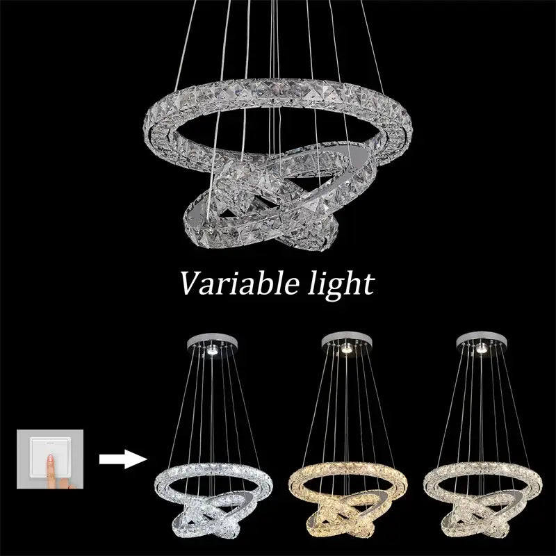 Modern three tier spiral crystal led chandelier in silver gold and clear finishes with crystal led decorbites double-ring design