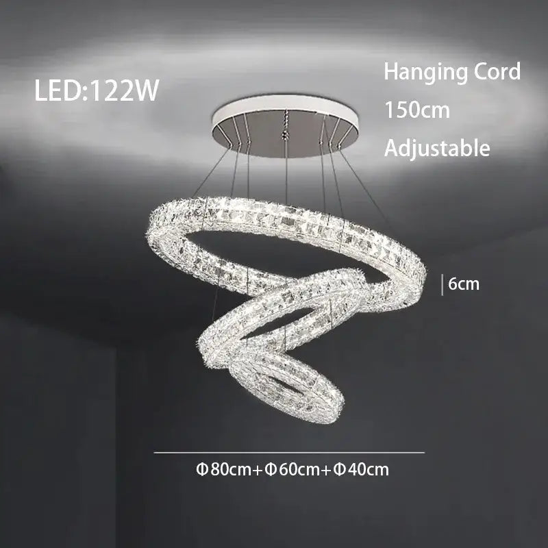 Modern three tiered decorbites crystal led chandelier with three interlocking crystal rings and white ceiling mount