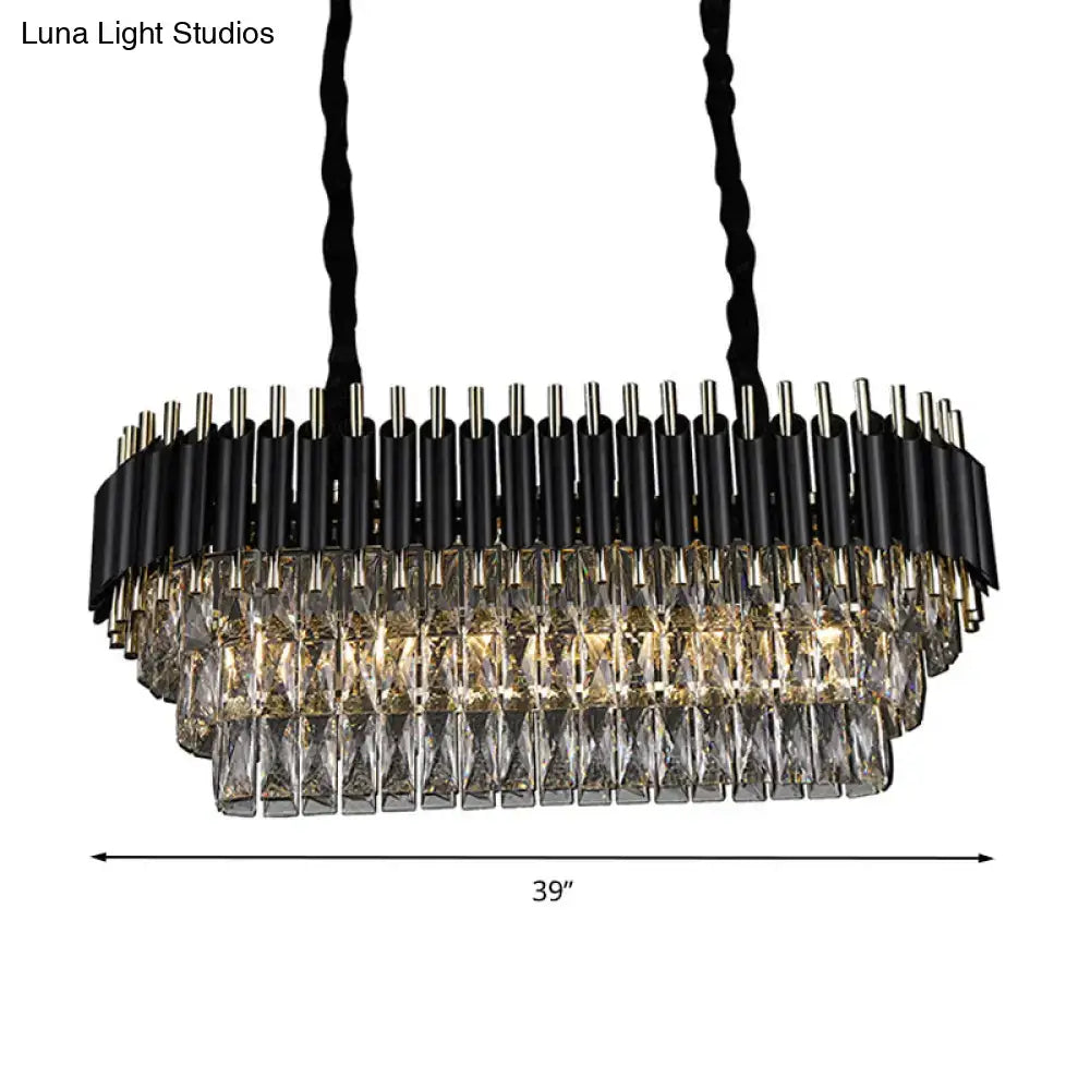 Modern tiered black and gold ceiling light with cascading clear crystal prisms for kitchen island lighting