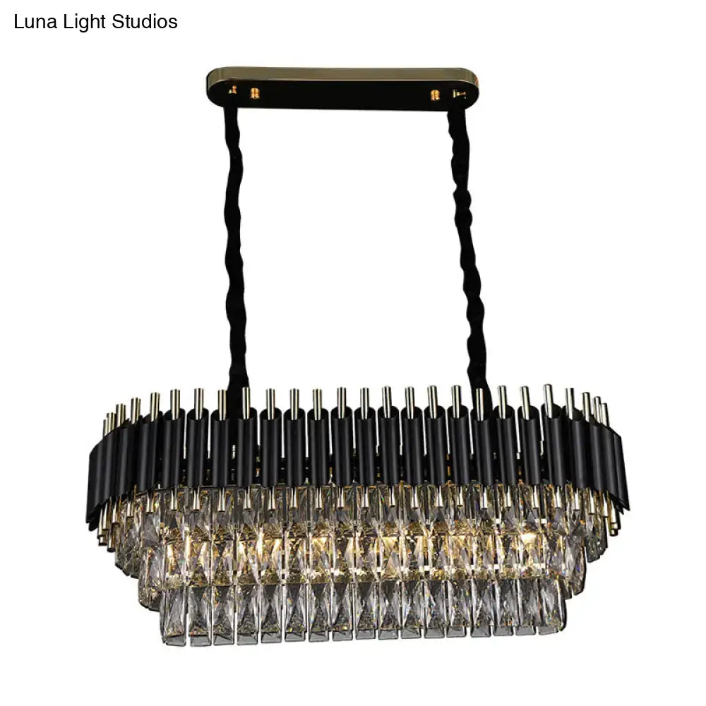 Modern tiered black and clear crystal rectangular ceiling light with cascading prisms for kitchen island lighting