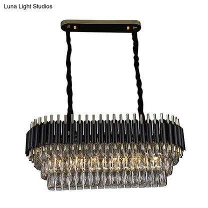 Modern tiered black and clear crystal ceiling light with cascading prisms for kitchen island lighting